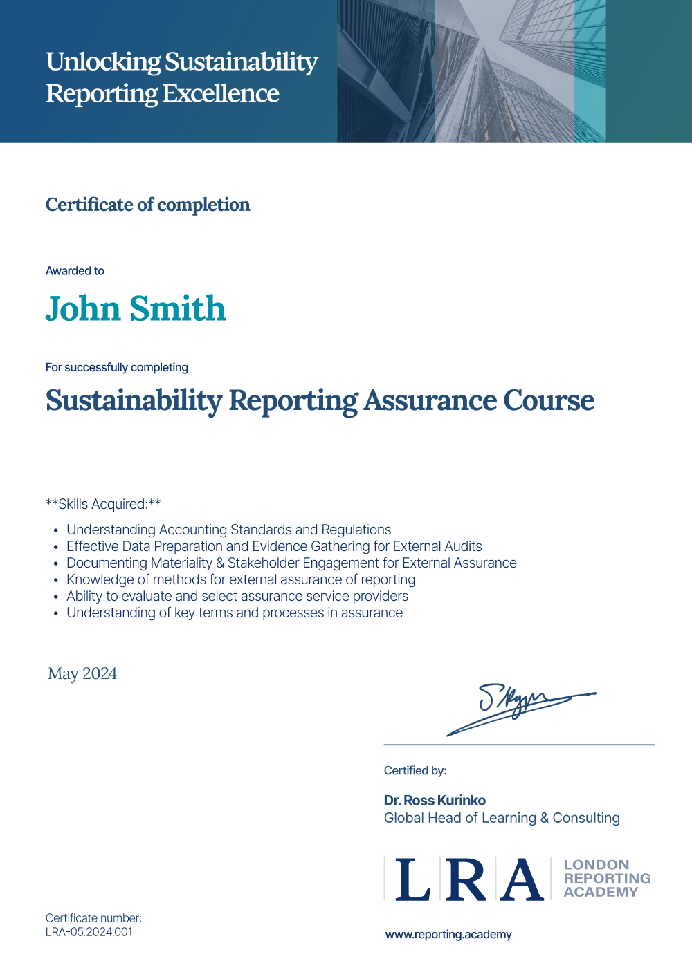 London Reporting Academy - Certificat