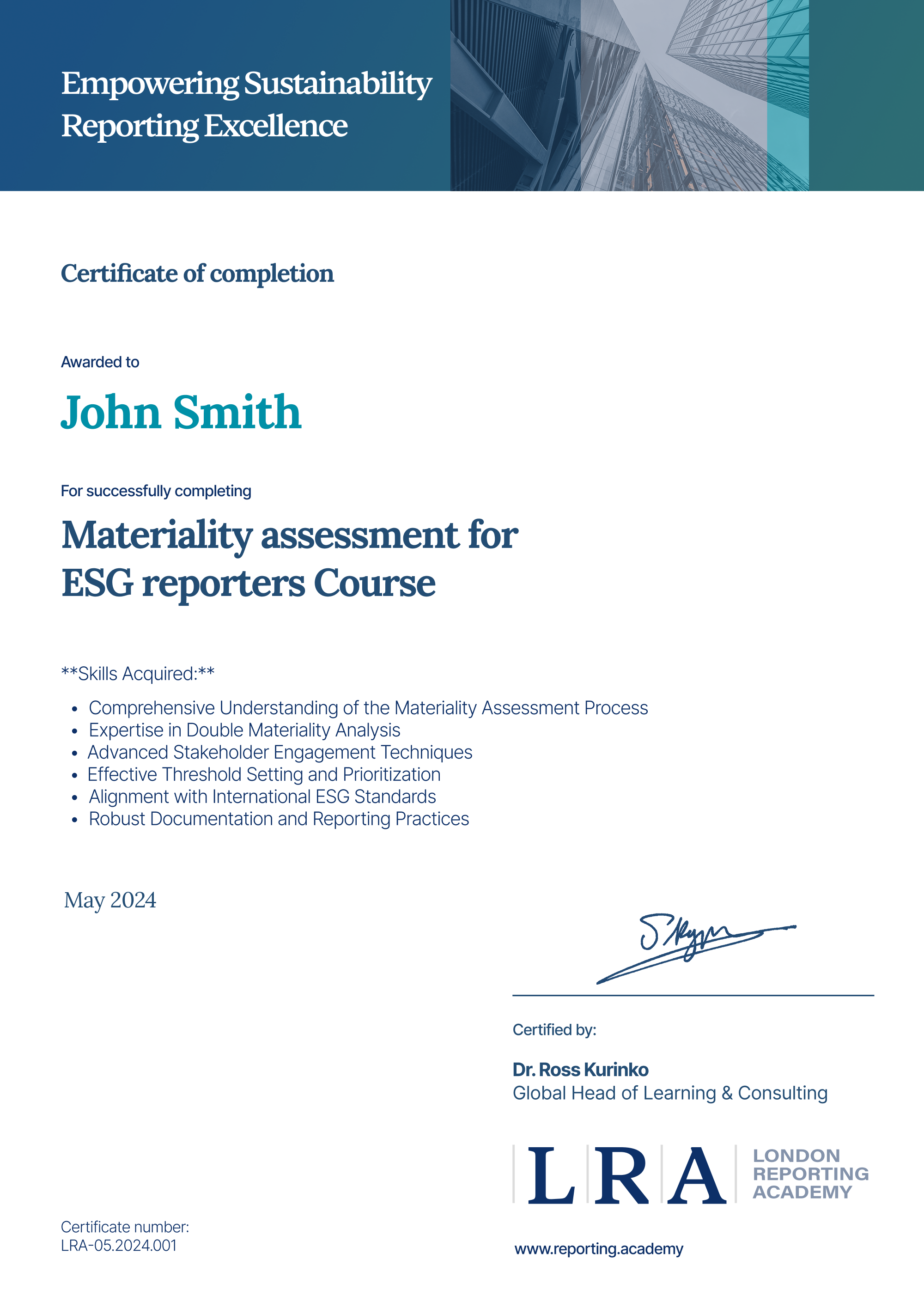 London Reporting Academy - Certificaat