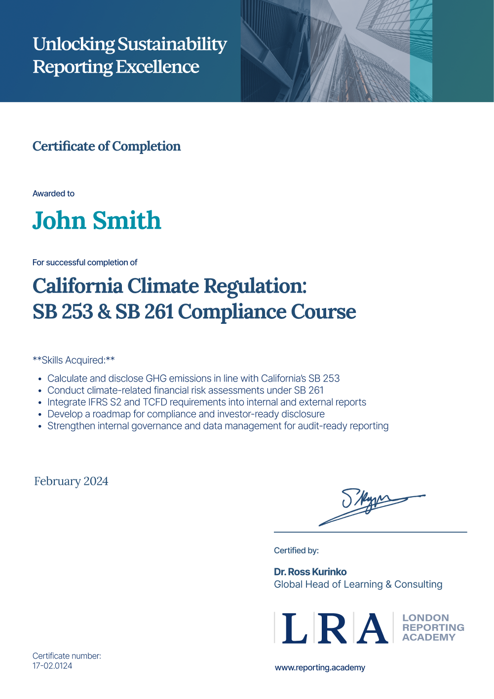 London Reporting Academy - Certificato